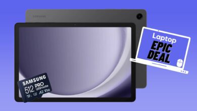 Gray Samsung Galaxy Tab A9 Plus and blue 512GB Samsung Pro Ultimate microsd memory card against blue gradient background.