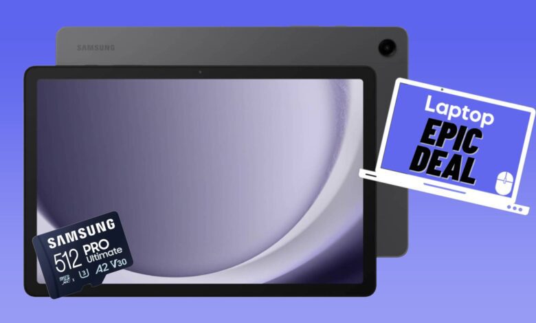 Gray Samsung Galaxy Tab A9 Plus and blue 512GB Samsung Pro Ultimate microsd memory card against blue gradient background.