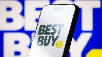 Best Buy logo with white background on a smartphone against a blue background Best Buy logo