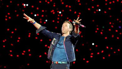 Chris Martin of Coldplay performs on a stop of the band's Music of the Spheres world tour at Allegiant Stadium in Las Vegas.