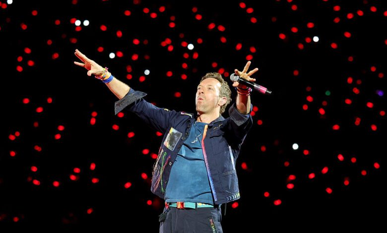 Chris Martin of Coldplay performs on a stop of the band's Music of the Spheres world tour at Allegiant Stadium in Las Vegas.