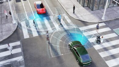 3d top view Illustration of two autonomous automobiles approaching an intersection with people crossing. Conceptual radar diagram emitting a signal for obstacle recognition.