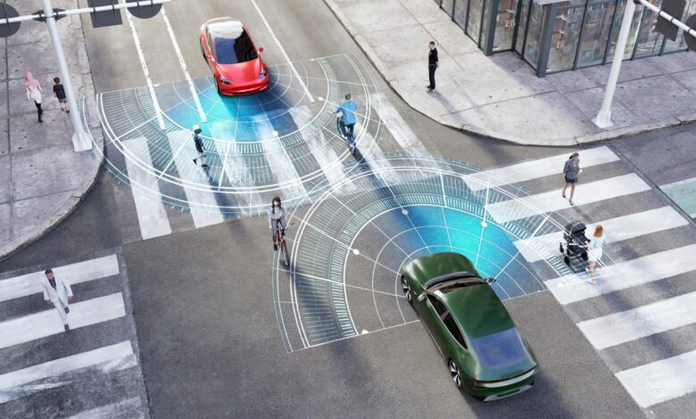 3d top view Illustration of two autonomous automobiles approaching an intersection with people crossing. Conceptual radar diagram emitting a signal for obstacle recognition.