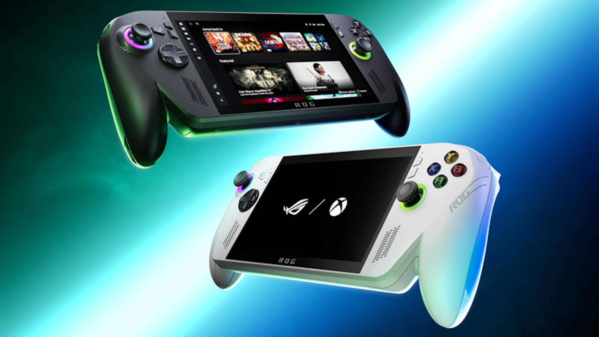 تصویری از Asus Rog Xbox Ally و Rog Xbox Ally X در پس زمینه نئونی رنگارنگ.