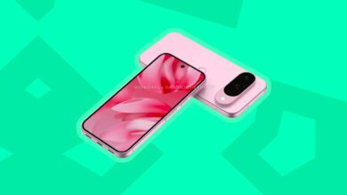 3D render of the Google Pixel 10 in pink based on leaked information and rumors, placed on a mint background with geometric patterns.