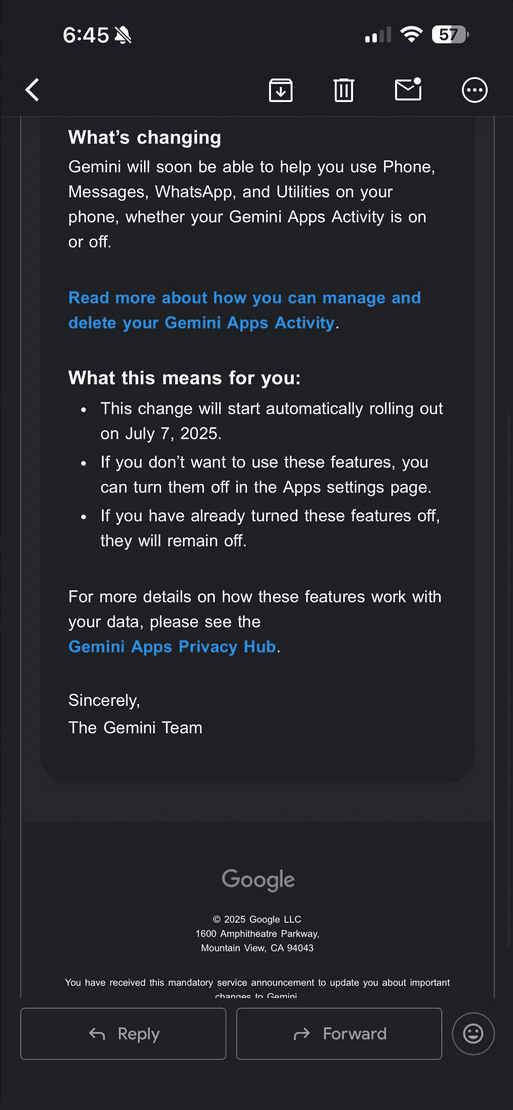 بخشی از ایمیلی از Google با اعلام تغییرات آینده در نحوه تعامل جمینی با دستگاه های کاربر. 