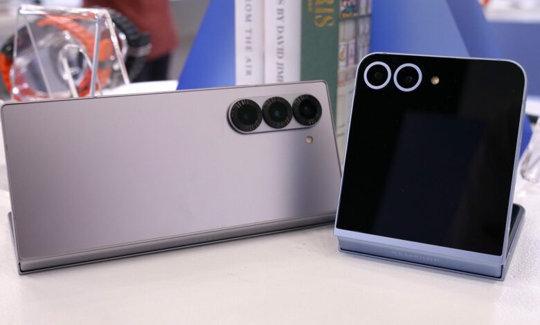 Samsung Galaxy Z Fold 6 and Galaxy Z Flip 6 half unfolded on a table
