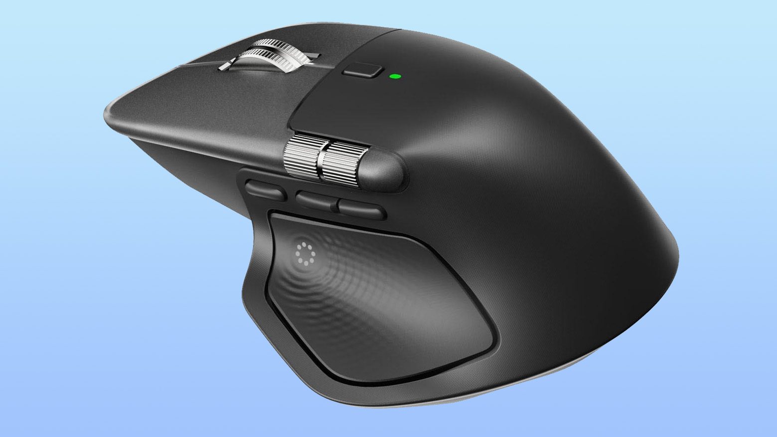 فرض شده Logitech MX Master 4 نزدیک ماوس را در پس زمینه شیب آبی نشان می دهد.