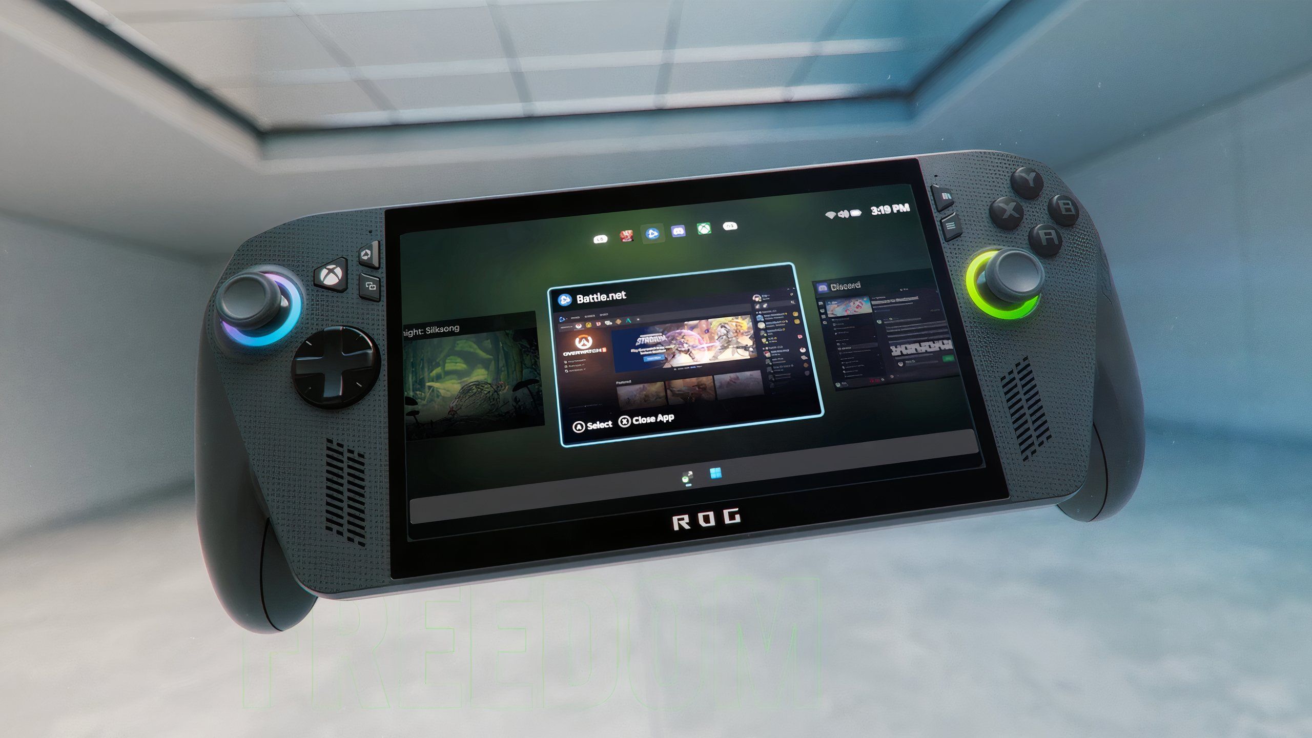 ASUS ROG XBOX ALLY X در یک اتاق خالی که رابط سوئیچر برنامه خود را نشان می دهد ، شناور است.