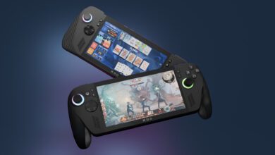 3D render of the ROG Xbox Ally X playing Baldur's Gate III and ROG Ally X playing Balatro.