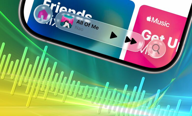 Graphic illustration of an iPhone showing iOS 26's new Liquid Glass UI design over a Windows Vista wallpaper and an audio spectrogram.