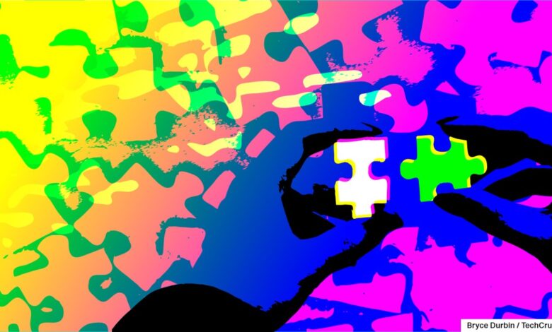 hands holding jigsaw pieces, colorful abstract background
