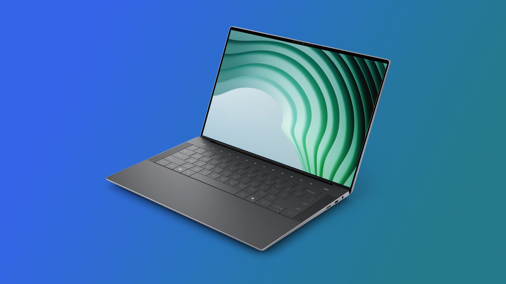 لپ تاپ Dell 14 Premium در پس زمینه شیب آبی.