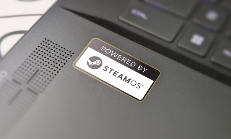Photograph of a gaming laptop deck with a 'Powered by SteamOS' badge added to the image.