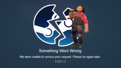 A graphic illustration of the Steam error page with a broken Steam logo and The Engineer from Team Fortress 2.