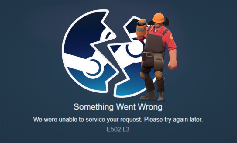 A graphic illustration of the Steam error page with a broken Steam logo and The Engineer from Team Fortress 2.