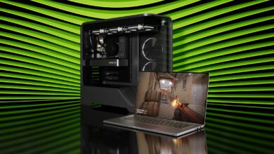 A PR image of a laptop and desktop equipped with a GeForce RTX 5050 GPU against a green and black background.