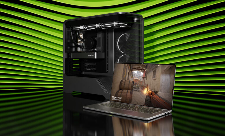 A PR image of a laptop and desktop equipped with a GeForce RTX 5050 GPU against a green and black background.