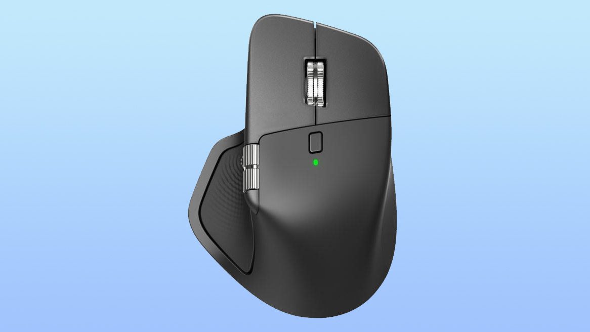 فرض شده Logitech MX Master 4 نزدیک ماوس را در پس زمینه شیب آبی نشان می دهد.