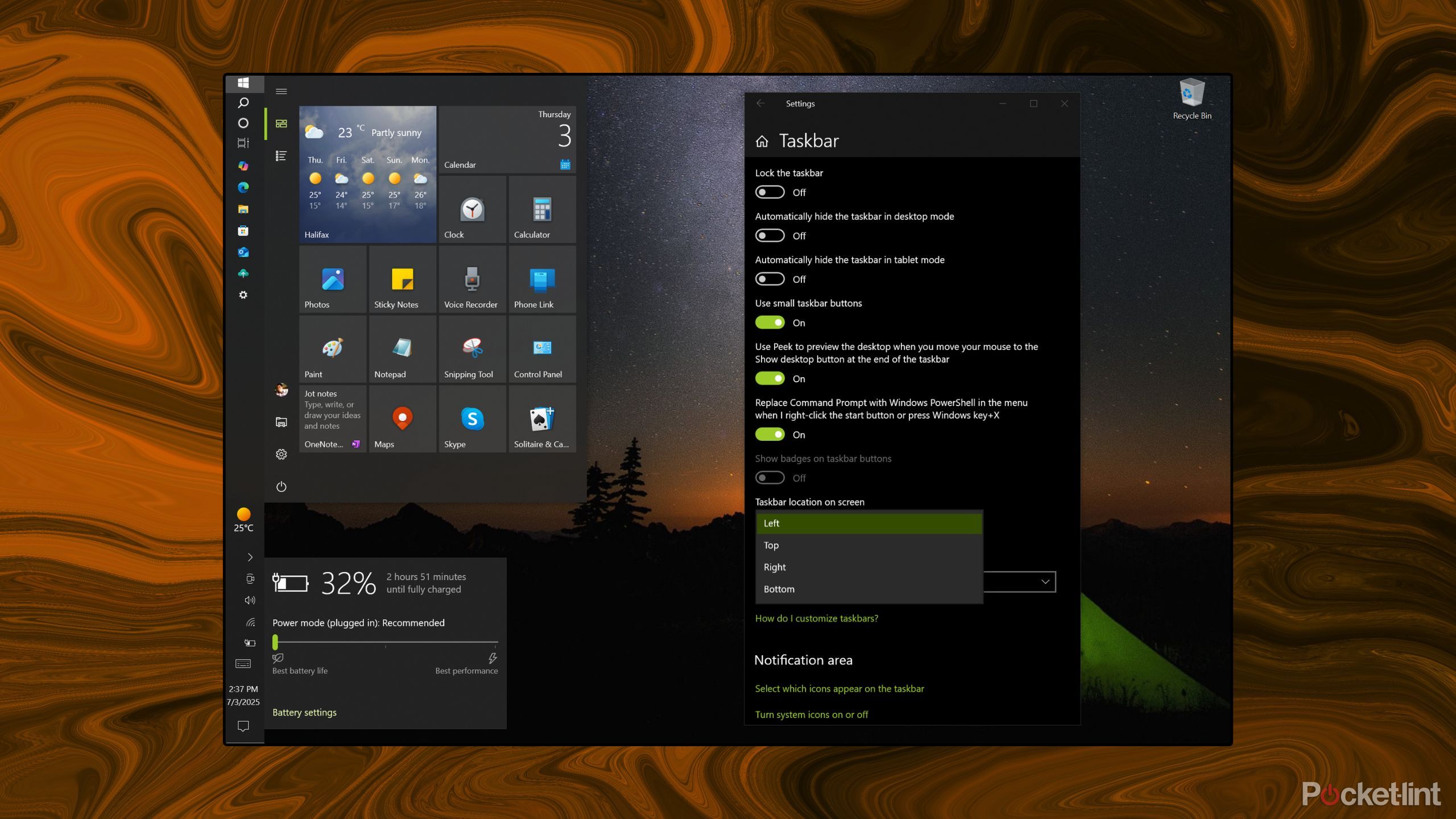 مکان نوار وظیفه ویندوز 10 در تصویر صفحه نمایش
