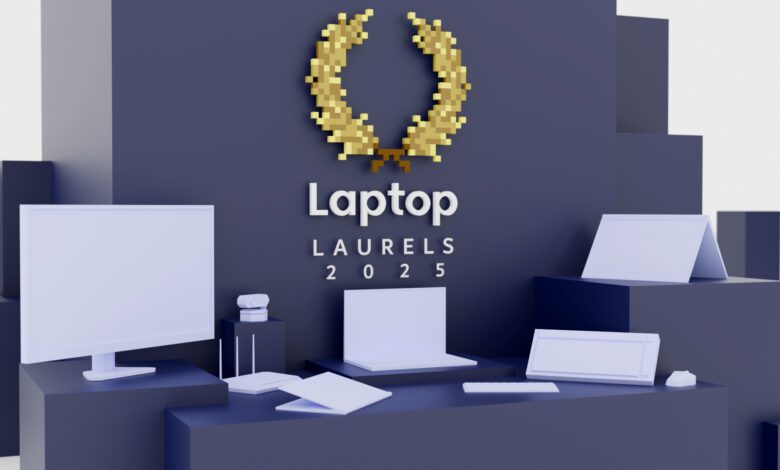 3D render of low-poly computers and computing accessories on podiums, including monitors, webcams, routers, mice, keyboards, and laptops beneath a Laptop Mag 'Laptop Laurels 2025' badge.