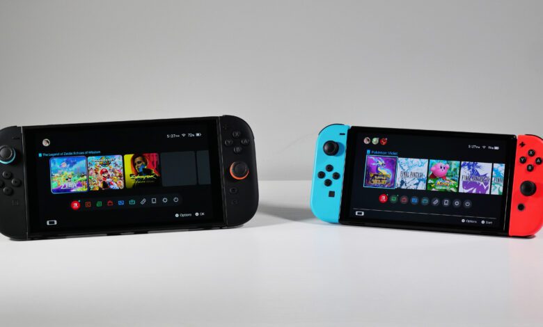 Nintendo Switch 2 and Switch OLED side by side.