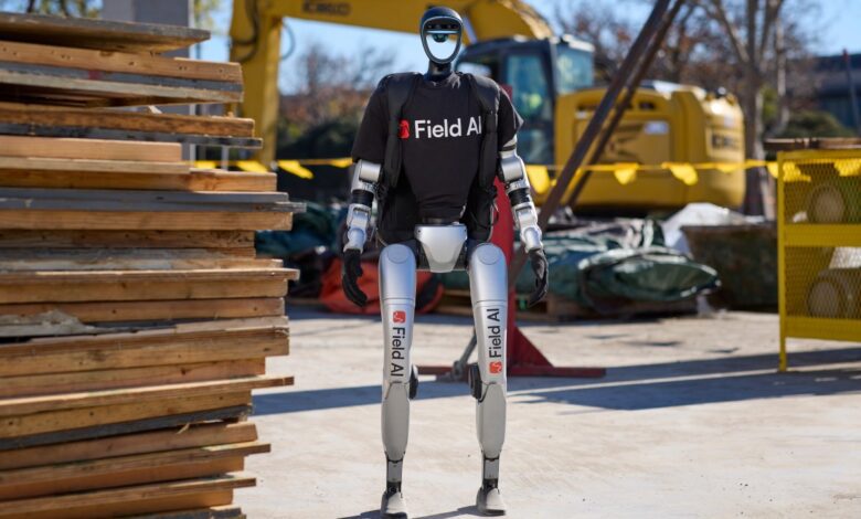 Image of a humanoid robot with FieldAI logos.