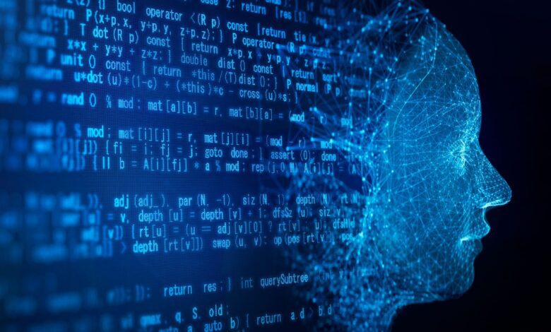 AI robot face and programming code on a black background.