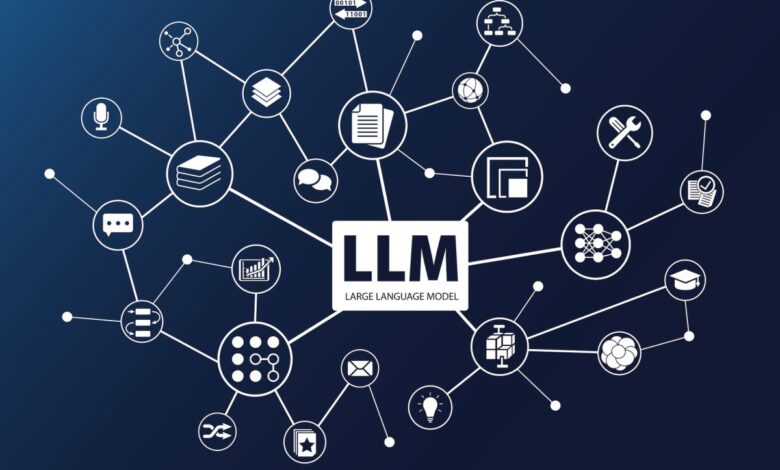 LLM word with icons as vector illustration. AI concept of Large Language Models