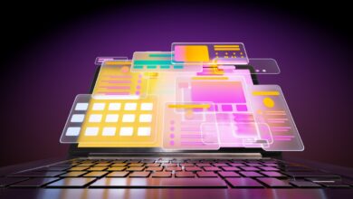 Digital generated animated video of multicoloured social media icons and data screens moving out from opened laptop against dark purple background.