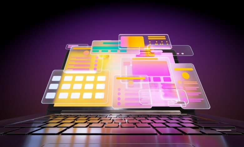 Digital generated animated video of multicoloured social media icons and data screens moving out from opened laptop against dark purple background.