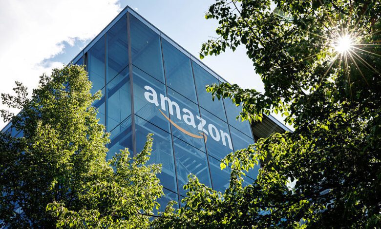 The logo and lettering of global online mail order company Amazon can be seen on the façade of Amazon Germany's headquarters in Parkstadt Schwabing in Munich (Bavaria).