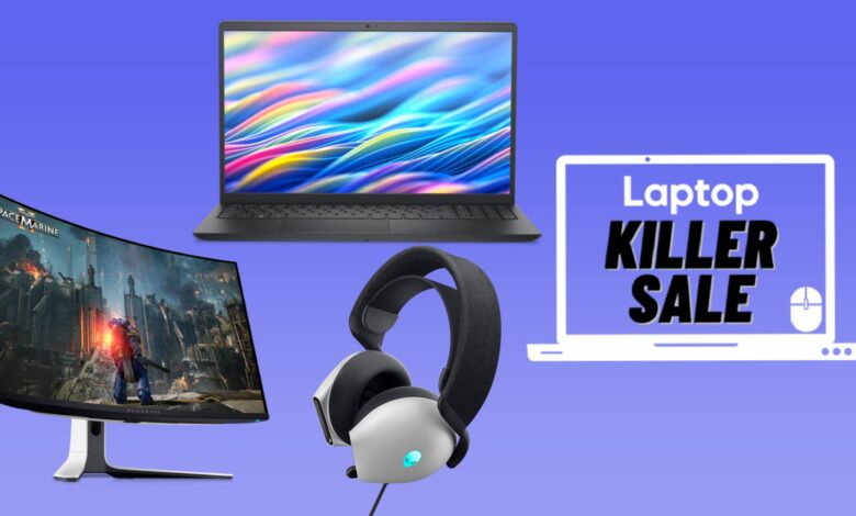 Dell 15 laptop, Alienware gaming monitor and Alienware gaming headset against a blue gradient background.