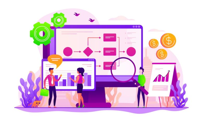 Business process organization and analytics. Business process visualization and representation, automated workflow system concept. Vector concept creative illustration