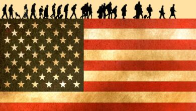 Illustration of silhouette refugees walking in line over American flag