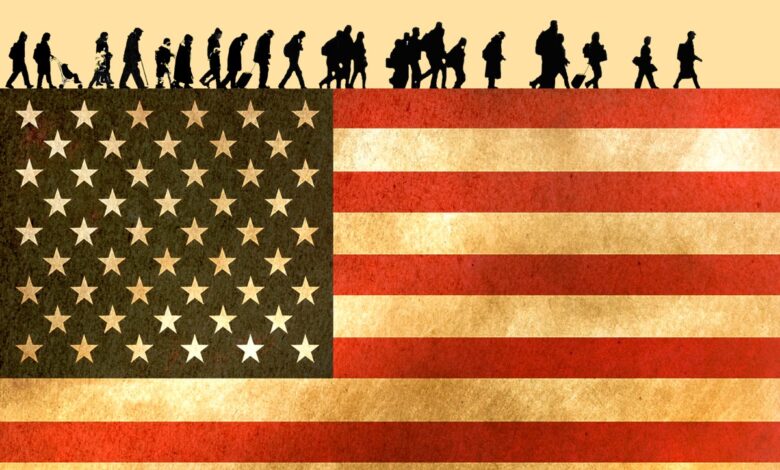 Illustration of silhouette refugees walking in line over American flag