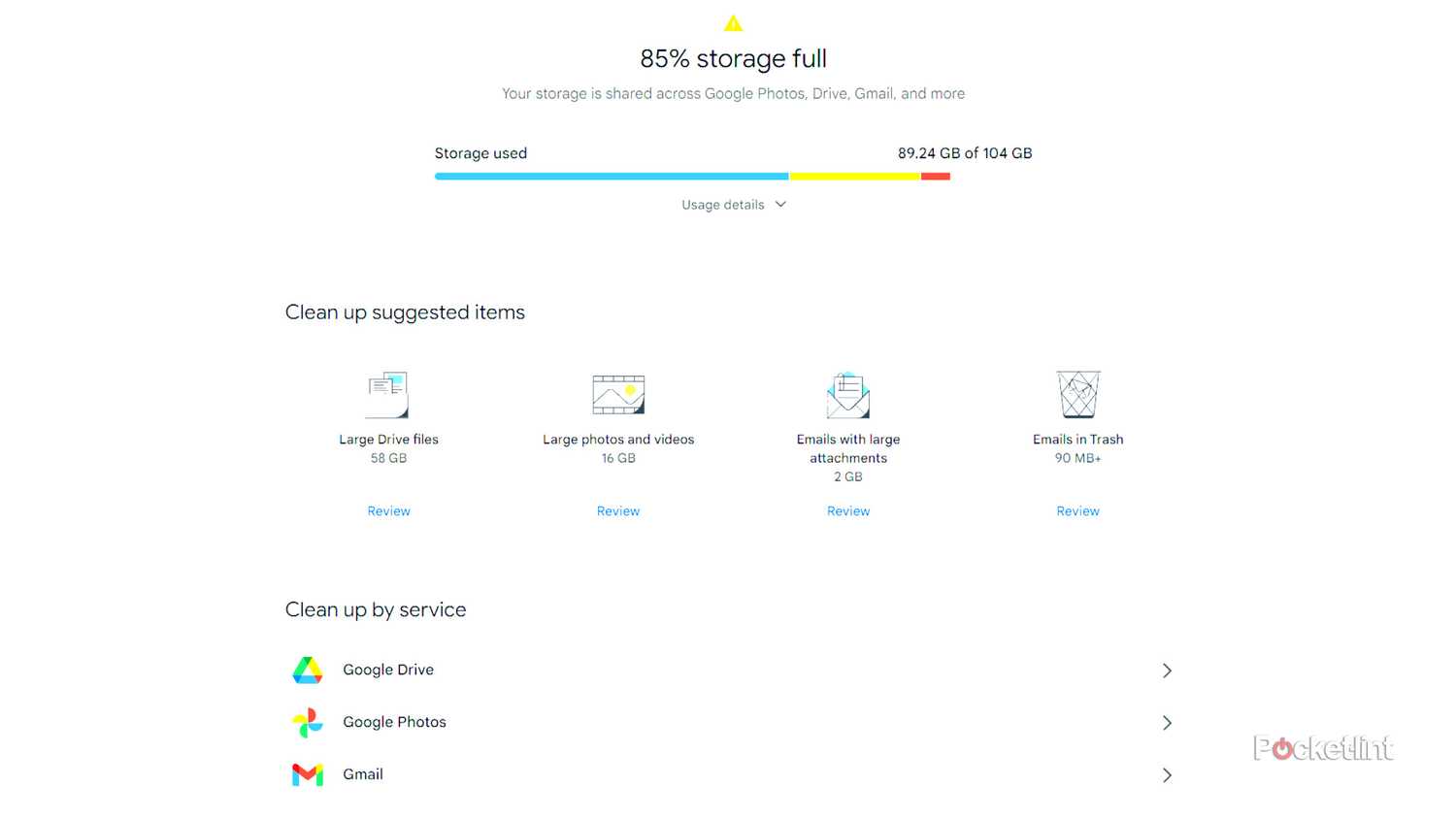 گزینه های پاکسازی ذخیره سازی در Google One.