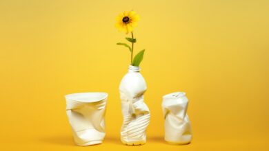 Plastic containers repurposed as vases