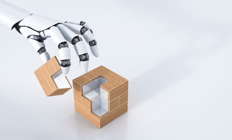 3D Rendering, robot hand assembling cube