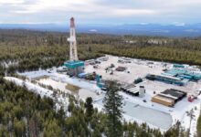 A geothermal drilling rig sits in a forest in Oregon.