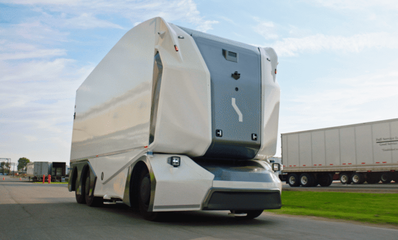 Einride's autonomous electric pod, a truck built without a cab for a driver, on road