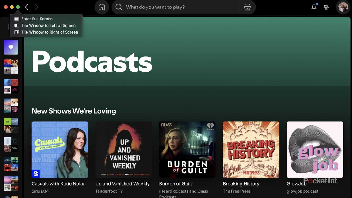 صفحه پادکست Spotify با هدر سبز رنگ. 