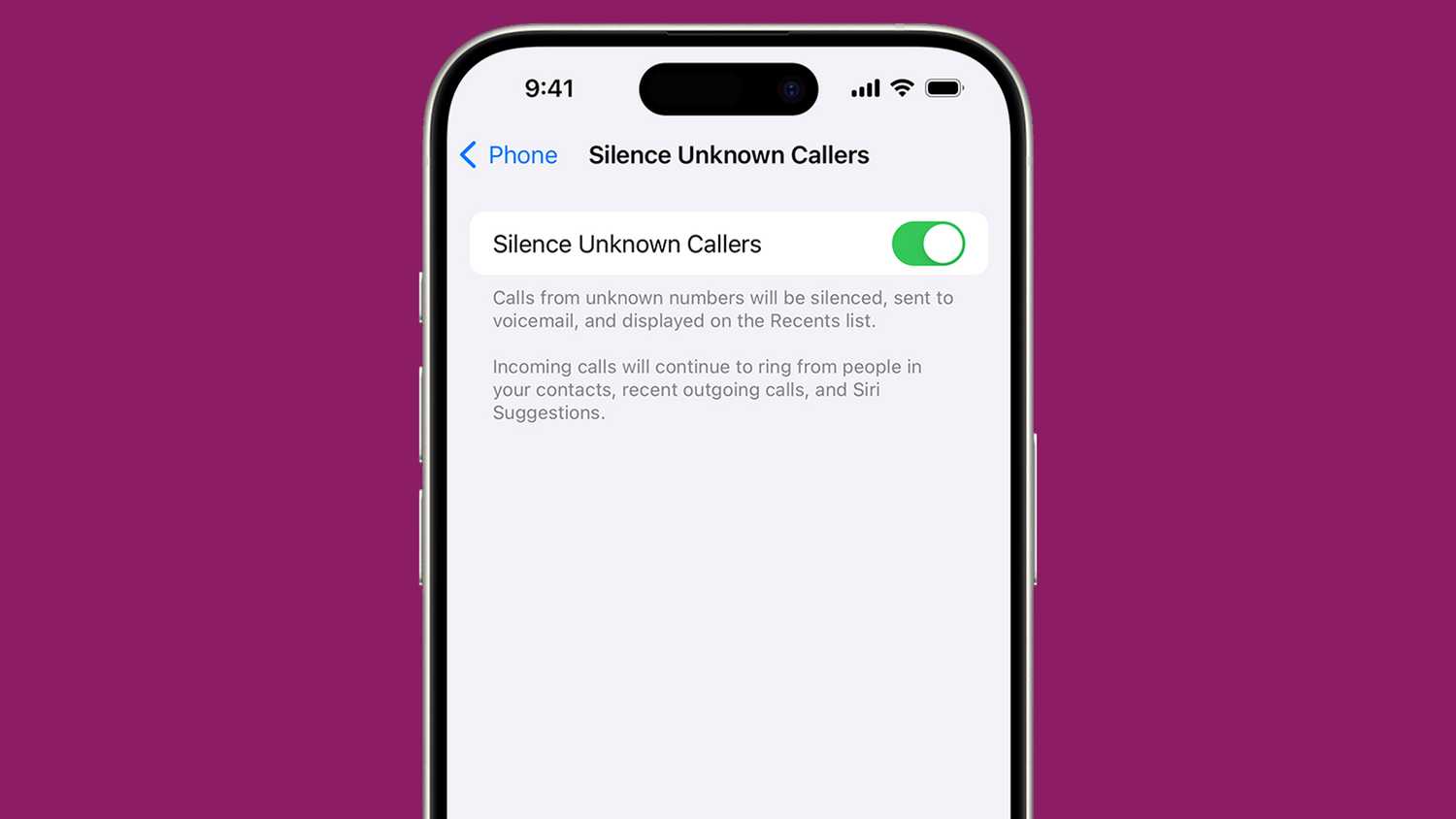 گزینه Silence Unknown Callers در آیفون.