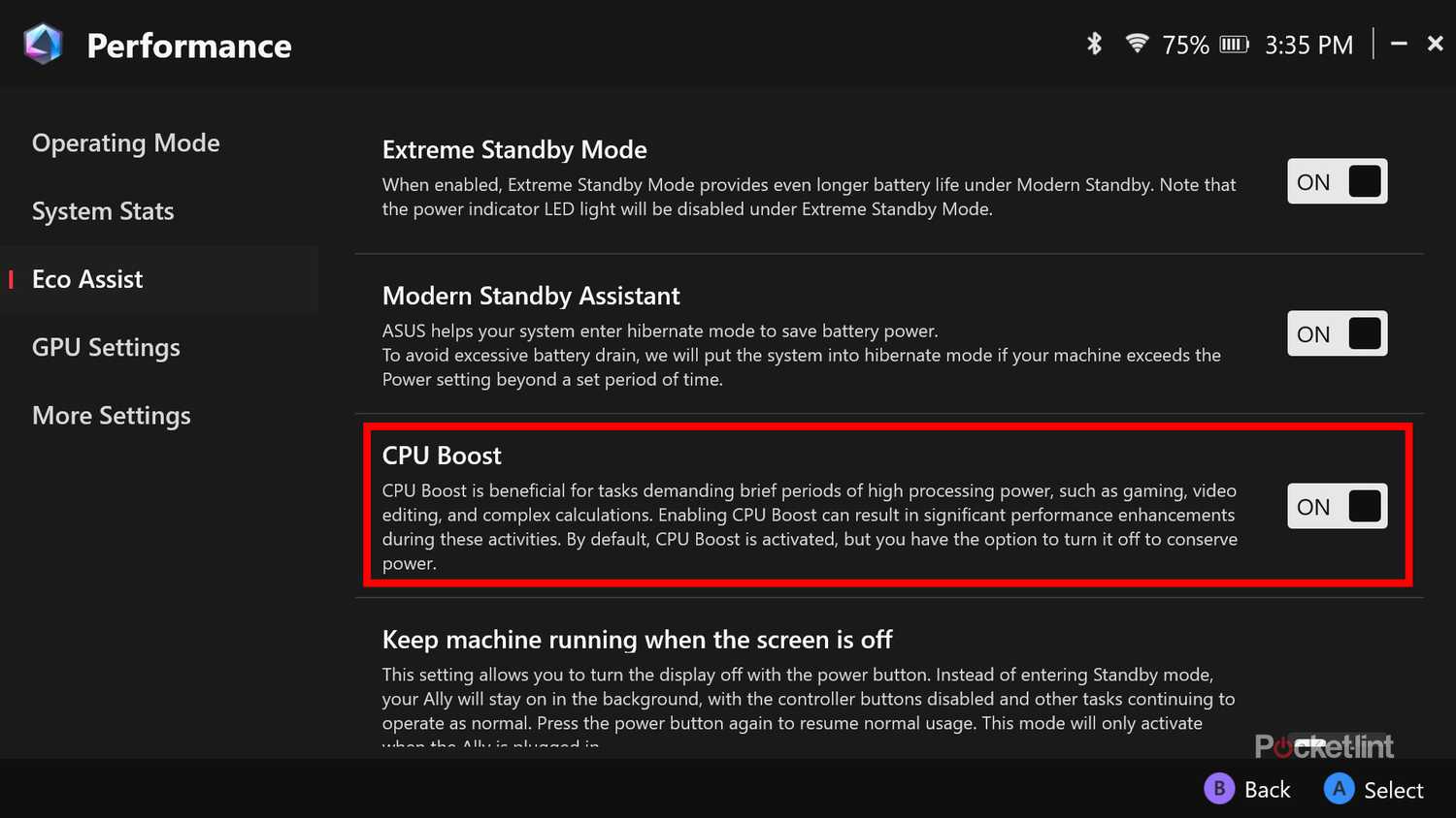 گزینه ROG Xbox Ally X CPU Boost