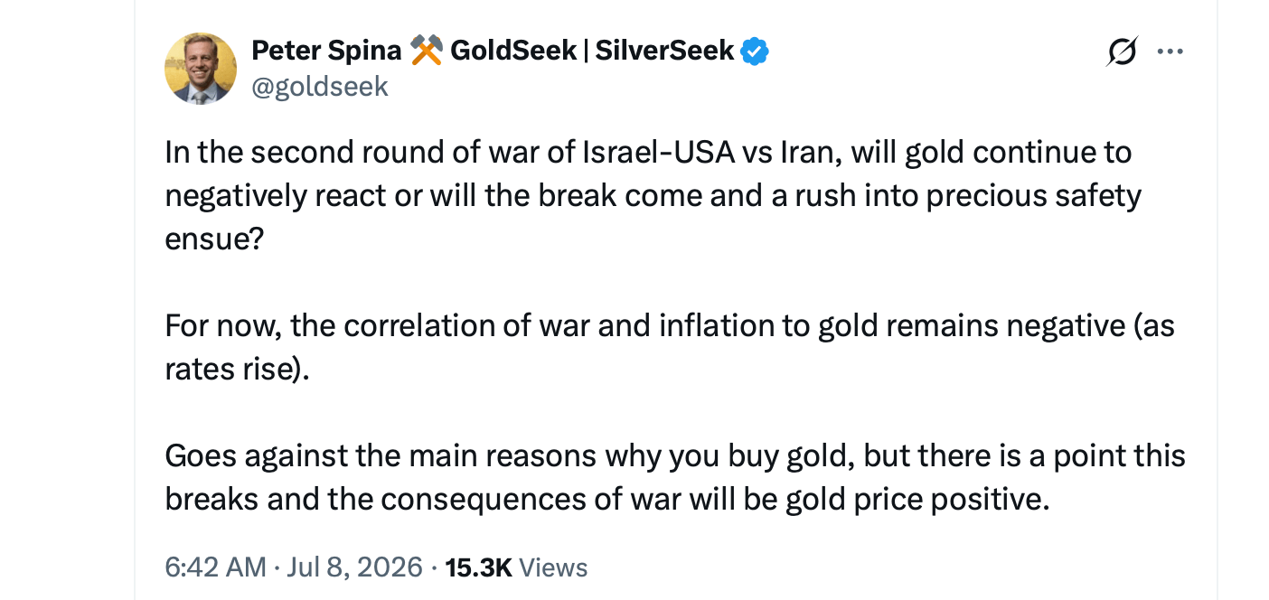 پست پیتر اسپینا ایکس در مورد طلا و جنگ. 