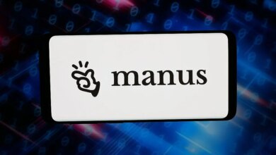 In this photo illustration, the logo of artificial intelligence (AI) agent Manus is displayed on a smartphone in front of abstract background on computer screen.