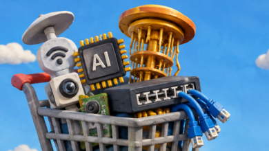 render of oversized shopping cart full of gadgets on deck of an aircraft carrier