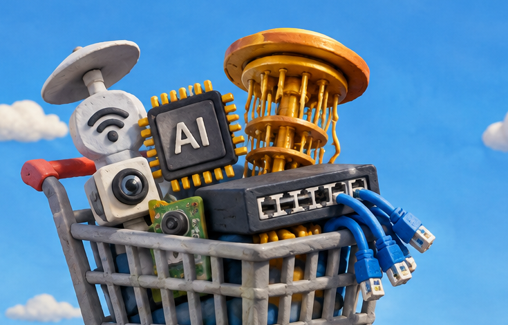 render of oversized shopping cart full of gadgets on deck of an aircraft carrier