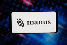 In this photo illustration, the logo of artificial intelligence (AI) agent Manus is displayed on a smartphone in front of abstract background on computer screen.